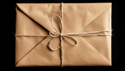A package, wrapped in kraft paper, tied with twine