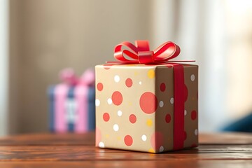 Adorable and charming 3D-rendered cube-shaped gift box with a ribbon, perfect for festive scenes, holiday packaging concepts, and cheerful decorative digital illustrations