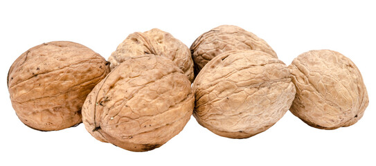 Close-up of many unopened closed walnuts on transparent png background