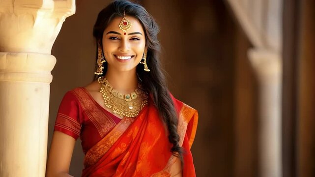 Portrait of a beautiful Indian girl in traditional national dress sari