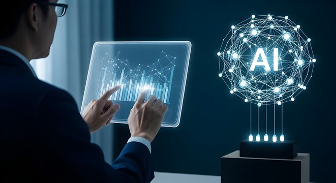 Businessman Using Futuristic AI Interface - Hand Interacting with Holographic Data Analytics on a Virtual Tablet, Tech Concept