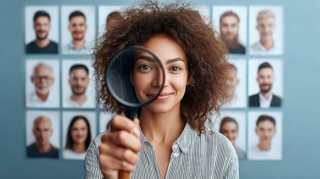 A woman is looking through a magnifying glass with portraits in the background, symbolizing recruitment and selection.