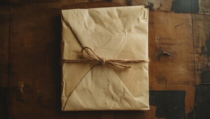 Aged, creased paper envelope tied with twine, resting on a textured surface