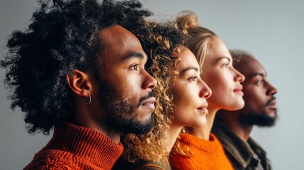 A diverse group of people stand in profile, showcasing a range of ethnicities and skin tones with neutral backdrop.