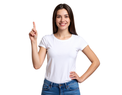 Cheerful Woman in Casual Outfit Pointing Up with Index Finger, Front View PNG