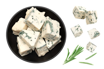 blue cheese on black bowl isolated on a white background. clipping path. top view
