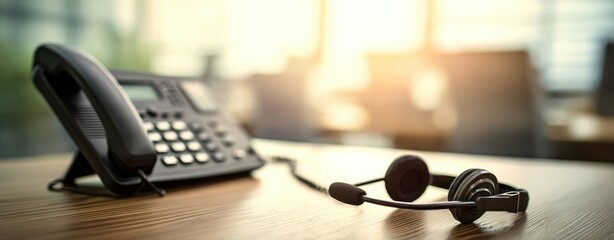 The telephone and headset on a modern office desk for effective communication