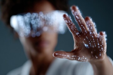 Scientist wearing vr headset interacting with futuristic glowing particles interface