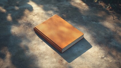 A tan-colored book rests on a light gray concrete surface, bathed in sunlight.  Shadows from foliage are cast across the ground