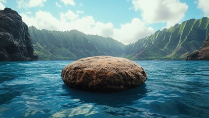 Large, smooth rock floats on calm, turquoise water, amidst lush green mountains