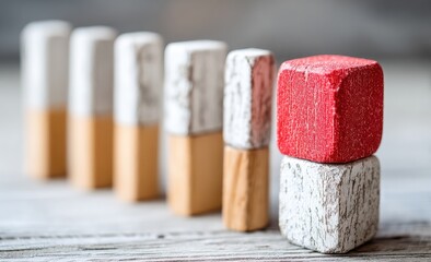A single red block stands out among a row of white and tan blocks