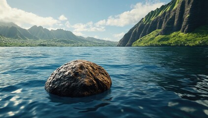 Calm ocean with a large rock. Lush mountains rise from the water's edge