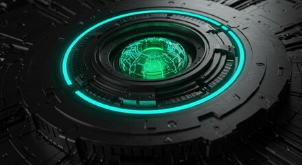 Abstract technology design featuring glowing green elements and dark metal