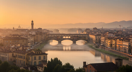 Obraz premium Florence Ponte Vecchio Sunrise Misty Morning Italian Cityscape