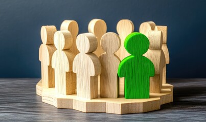 Wooden figures, a single green figure in a group