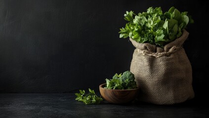 Fresh green vegetables in burlap sack and wooden bowl on dark surface