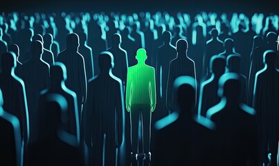 A single, glowing figure amidst a crowd of silhouettes