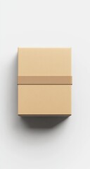 A light beige cardboard box, square-shaped, sits centrally on a plain white background.  A tan-colored strip of tape wraps horizontally across the middle of the box