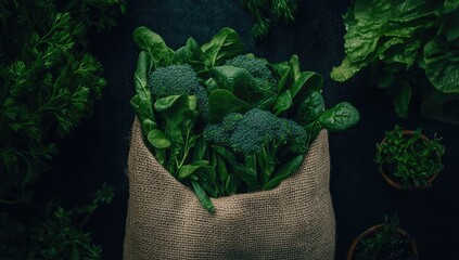 Fresh greens in a burlap sack. Dark background