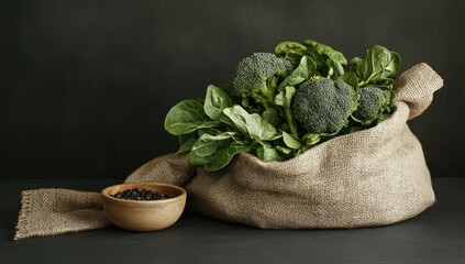 Fresh broccoli and spinach in a burlap sack, with peppercorns