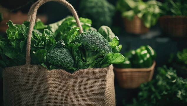 Burlap bag brimming with fresh green vegetables.  Broccoli, spinach, and other leafy greens fill a light beige jute bag, amidst other produce