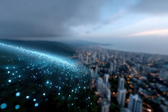 Futuristic data stream flowing over cityscape at dusk