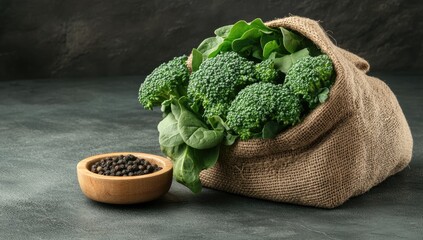 Fresh broccoli and spinach in a burlap sack, beside a bowl of peppercorns on a dark surface