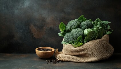 Fresh broccoli and spinach in a burlap sack, with peppercorns (1)