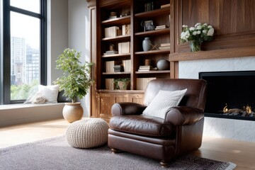 Obraz premium Elegant living room interior design with leather armchair and bookshelf