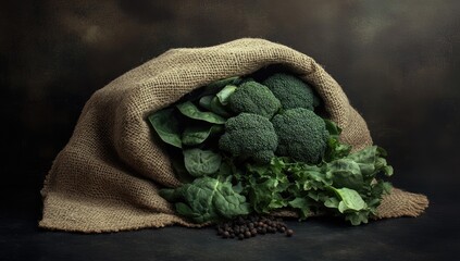 Fresh green vegetables nestled in a burlap sack