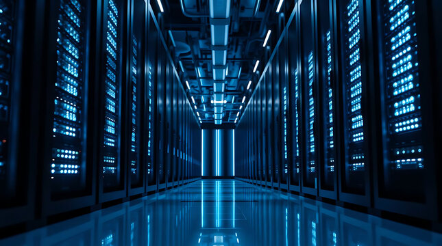 Modern data center with illuminated server racks in a secure server room with blue LED lighting
