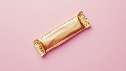 Gold-wrapped snack bar on pink background