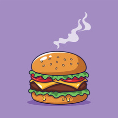 Delicious, juicy cheeseburger with fresh ingredients and smoke. Vector illustration in cartoon style
