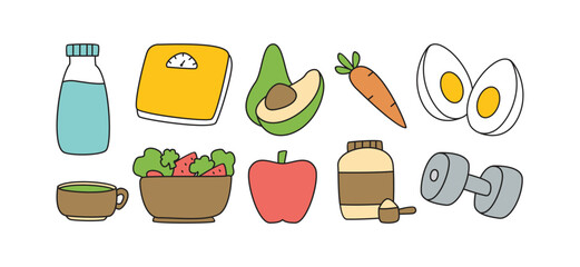 Hand Drawn Healthy Lifestyle and Nutrition Icons Collection