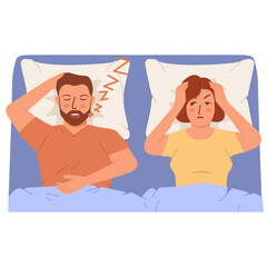 Woman covering ears while man snoring.Woman suffers insomnia of snoring man in bed. Husband snores.Married couple.Sleep disorder.Sleep apnea making noise.Sleeping problem. Snore health problem.