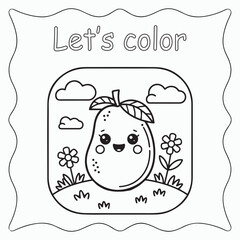 Cute Mango Fruit Coloring Page for Kids Vector Illustration