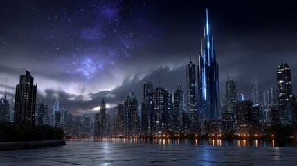 Obraz premium Futuristic Cityscape in Cyberspace at Night with Neon Highlights