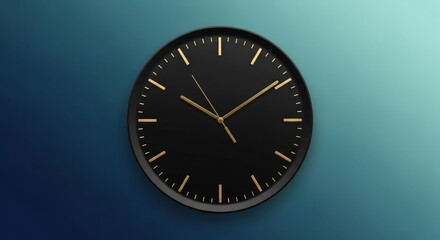 A black clock with gold hands on a blue and green gradient background