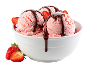 Ice Cream in a Big Cup with Strawberry Toping and Chocolate Syrup, Isolated on Transparent Background