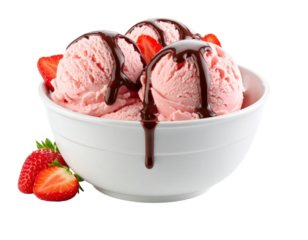 Ice Cream in a Big Cup with Strawberry Toping and Chocolate Syrup, Isolated on Transparent Background