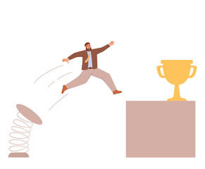 People jumping trophy. Success career ladder. Jumping through gap golden cup. Success business people jumping with a golden trophy. Boost up business growth.Businessman jumping springboard. 