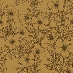 Seamless floral pattern background, simple hand drawn design in mustard yellow