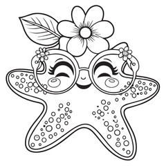 Obraz premium Cute cartoon starfish wearing sunglasses and a flower crown with a leaf perfect for summer beach themes and children s illustrations