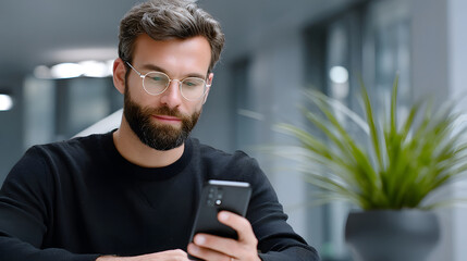 A business man using a smartphone in an office setting.