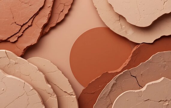 Abstract cosmetic textures in warm terracotta and beige tones. A high-quality, close-up showcasing various shades of terracotta and beige cosmetic textures, arranged in a layered, textured aesthetic