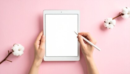 Obraz premium Close-up of female designer hands sketching on tablet against pastel pink background