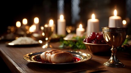 Obraz premium Candlelit table set with wine, bread, and cheese