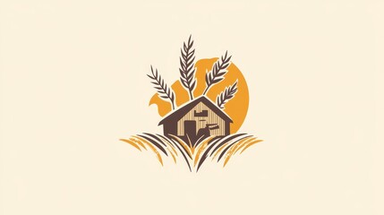 rustic farmhouse with wheat stalks and grain wreath and a sun on vintage background, agricultural logo illustration. wallpaper web design for ad, with blank copy space for editing text 
