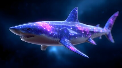 Fototapeta premium Glowing neon shark swimming in the deep ocean