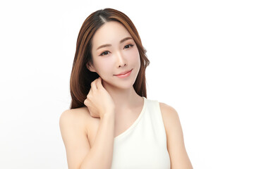 A beautiful young Asian woman with clean, fresh skin against a white background. Skincare, facial...